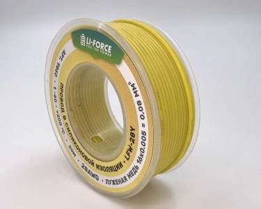 На катушке Медный провод 28AWG 20м 0,08 кв.мм (16*0,08мм) (желтый, UL3135) LFW-28Y в мягкой силиконовой изоляции